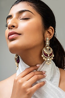 Gold Finish Red Kundan Polki Dangler Earrings