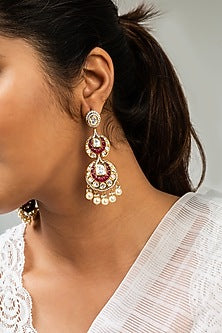 God Finish Red Kundan Polki Dangler Earrings