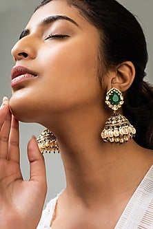 God Finish Green Stone & Kundan Polki Jhumka Earrings