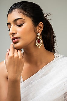 Gold Finish Kundan Polki & Red Stone Dangler Earrings