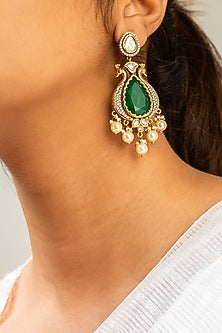 Gold Finish Kundan Polki & Green Stone Dangler Earrings