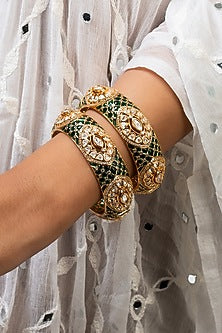 Gold Finish Kundan Polki & Green Stone Openable Kada