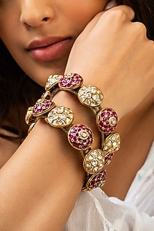 Gold Finish Red Kundan Polki Openable Kada