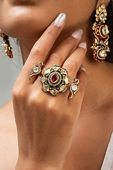 Gold Finish Kundan Polki & Red Stone Ring