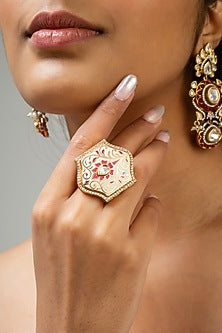 Gold Finish Kundan Polki & Multi-Colored Stone Ring