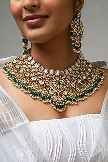 Gold Finish Kundan Polki & Green Stone Necklace Set