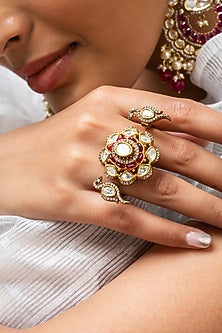 Gold Finish Kundan Polki & Red Stone Ring