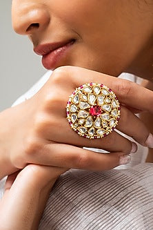 Gold Finish Kundan Polki & Red Stone Ring