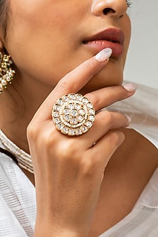 Gold Finish Kundan Polki & White Stone Ring