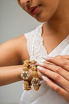 Gold Finish Kundan Polki & Green Stone Kadas (Set Of 2)