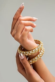 Gold Finish Kundan Polki & White Stone Kadas (Set Of 2)