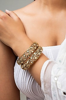 Gold Finish Kundan Polki & White Stone Kadas (Set Of 2)