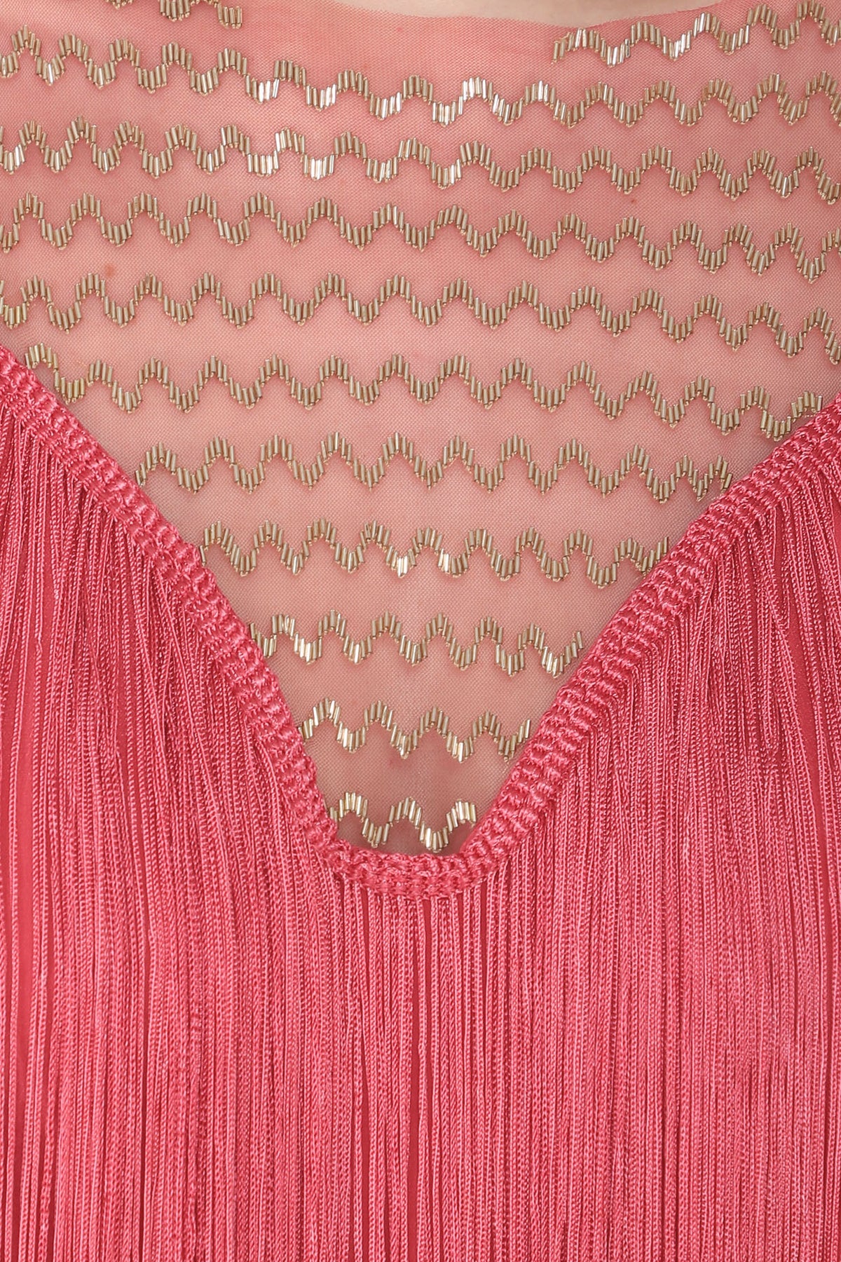 Carrot Red Embroidered Fringes Gown