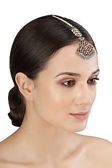 Gold Leafing Kemp Stone and Saphhire Crescent Maang Tikka