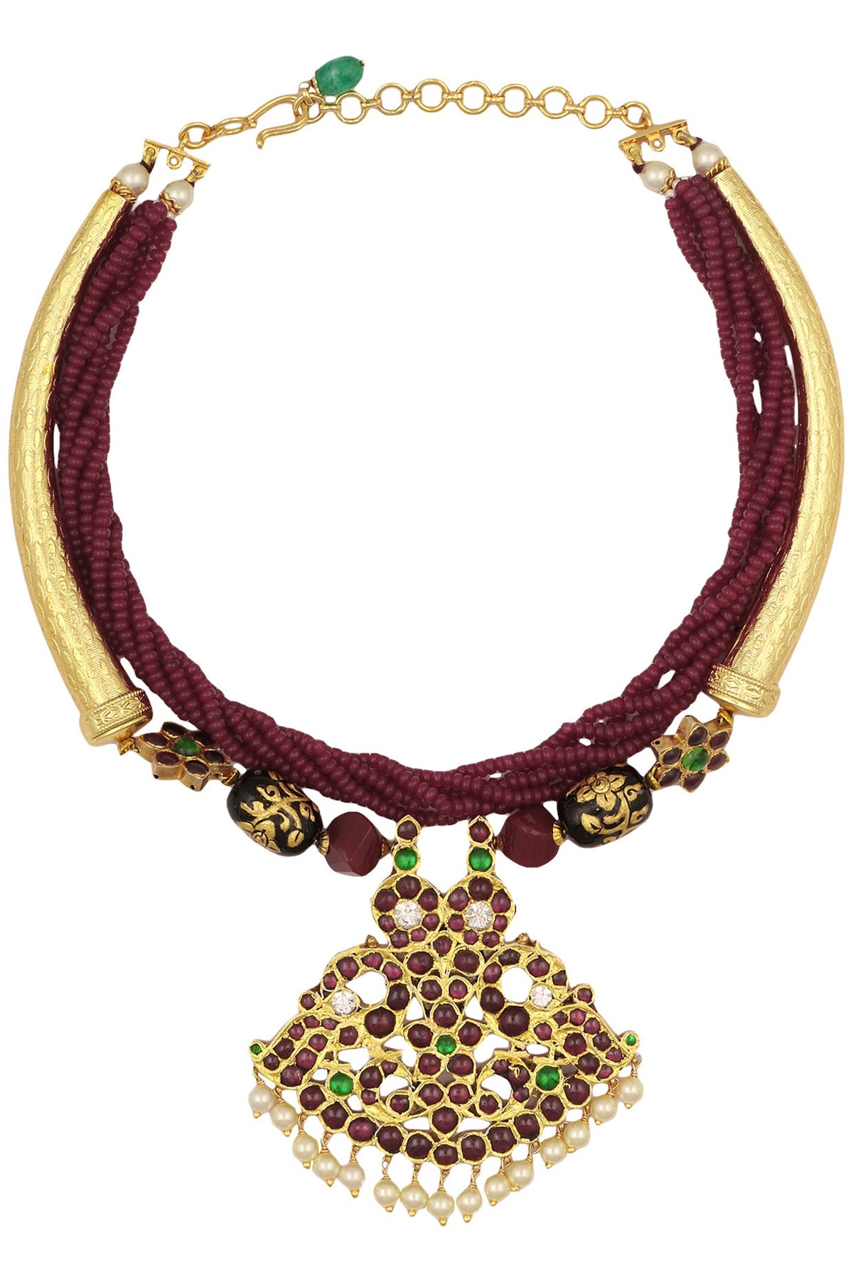 Gold Leafing Red-Green Kemp Stones and Agate Necklace