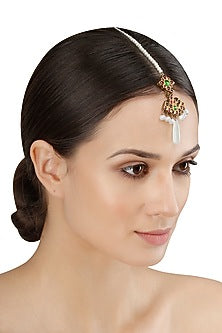 Gold Leafing Red and Green Kempstone Maang Tikka