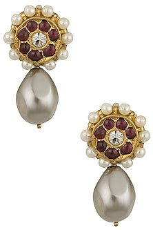Gold Leafing Kempstone and Pearl Tear Drop Shape Earrings