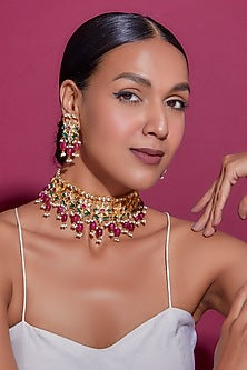 Gold Finish Kundan Polki & Red Drop Choker Necklace Set