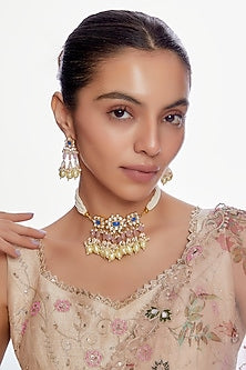 Gold Finish Blue Kundan Polki & Pink Drop Choker Necklace Set