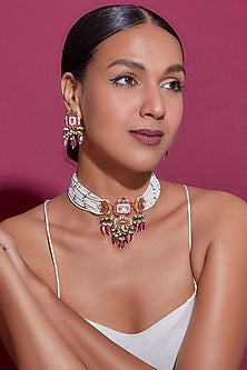 Gold Finish Red Kundan Polki Choker Necklace Set