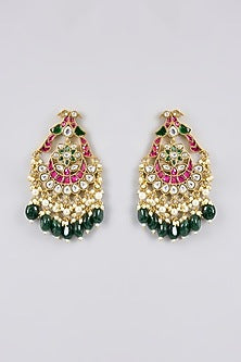 Gold Finish Kundan Polki & Multi-Colored Stone Chandbali Earrings