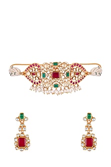 Gold Finish Red & Green Choker Necklace Set