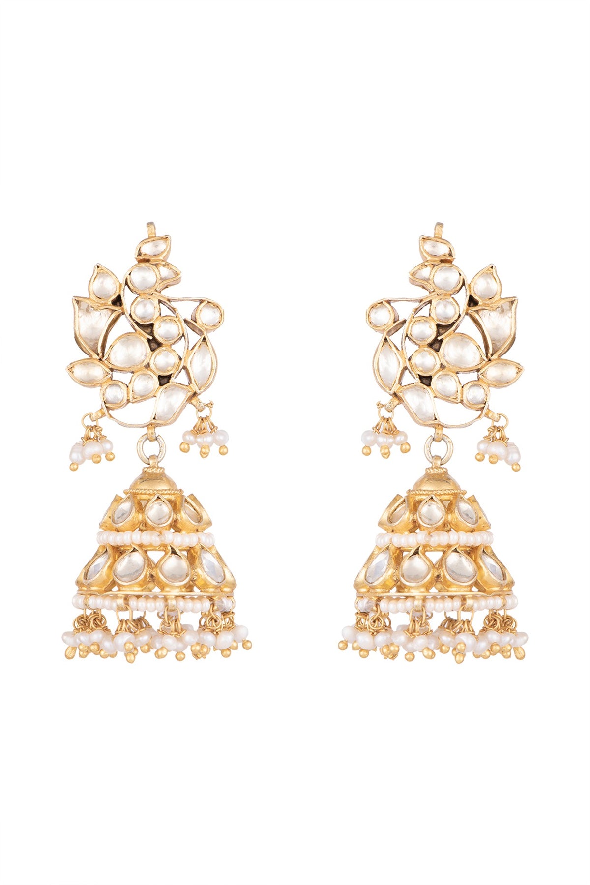 Gold Plated Pearl & Kundan Bird Motif Jhumka Earrings