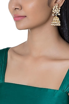 Gold Plated Pearl & Kundan Bird Motif Jhumka Earrings