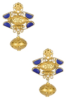 Gold Plated Lapis Lazuli And Pearl Cabochons Earrings
