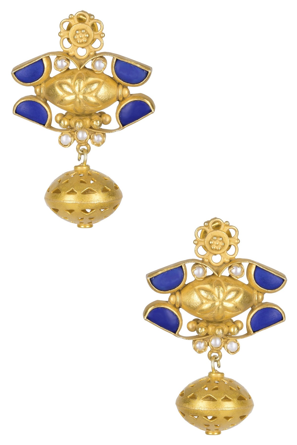 Gold Plated Lapis Lazuli And Pearl Cabochons Earrings