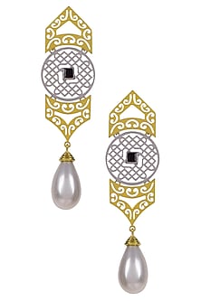 Gold Plated Pearl Drop Dual Tone Three Tier Structure Earrings