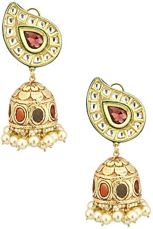 Gold Finish Polki and Ruby Stone Jhumki Earrings