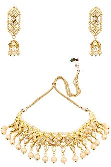 Gold Finish Polki Stone and Pearl Choker Necklace Set