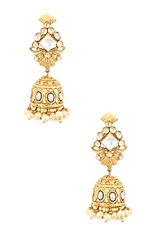 Antique Gold Finish Polki and Pearl Textured Jhumki Earrings