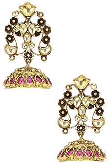 Gold Plated Kundan and Pink Semi Precious Stone Jhumki Earrings