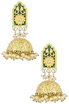 Antique Gold Finish Green Enamel Jhumki Earrings