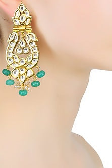 Gold Finish Kundan And Onyx Stones Peacock Design Earrings