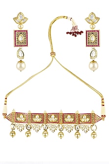 Antique gold finish textured polki and ruby choker with polki flower earrings