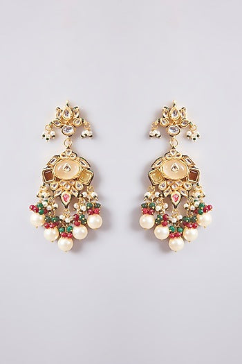 Gold Finish Kundan Polki & Beaded Dangler Earrings