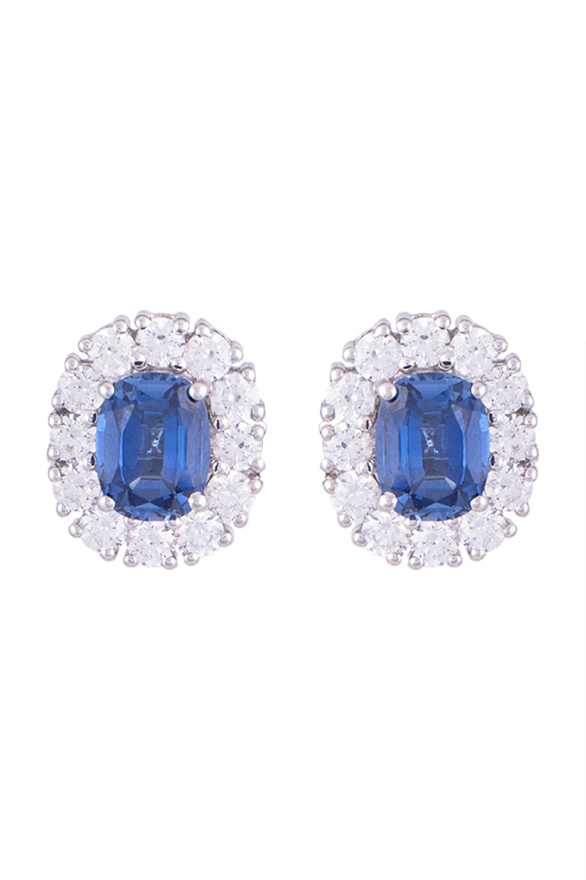 White Finish 925 Sterling Silver Swarovski Zircon & Blue Stone Stud Earrings