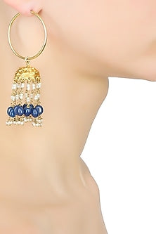 Gold Finish Blue Maniya And Pearl Jhumki Earrings