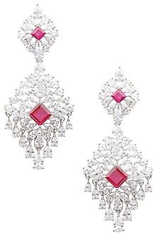Silver Finish White and Red Zircons Earrings