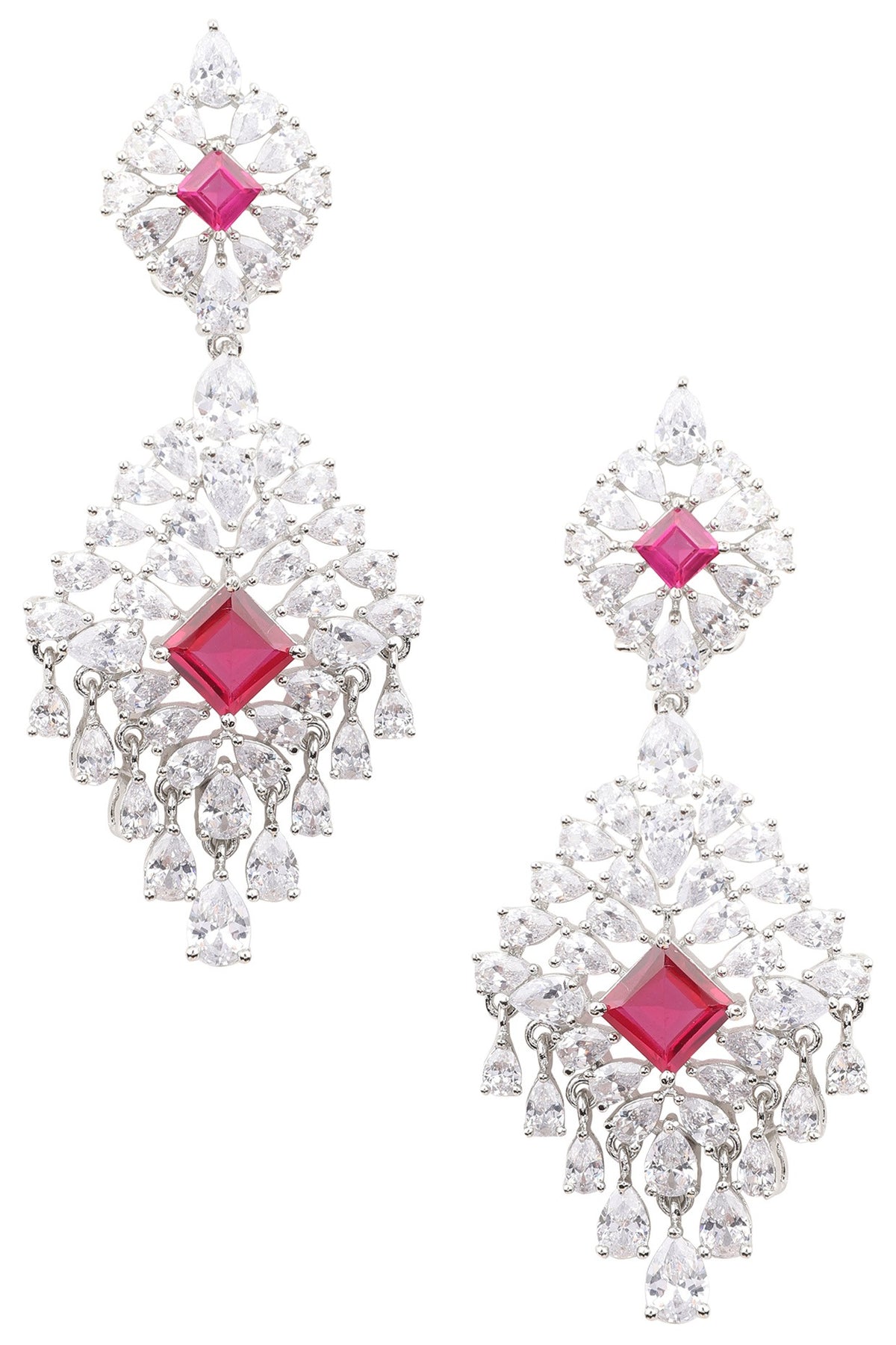 Silver Finish White and Red Zircons Earrings