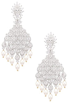Silver Finish White Zircons and Pearl Dangler Earrings
