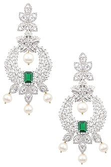Silver Finish White and Green Zircons and Pearl Drop Earrings