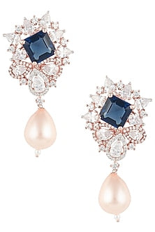 Rose Gold Finish Zircon, Blue Stone and Pearl Earrings
