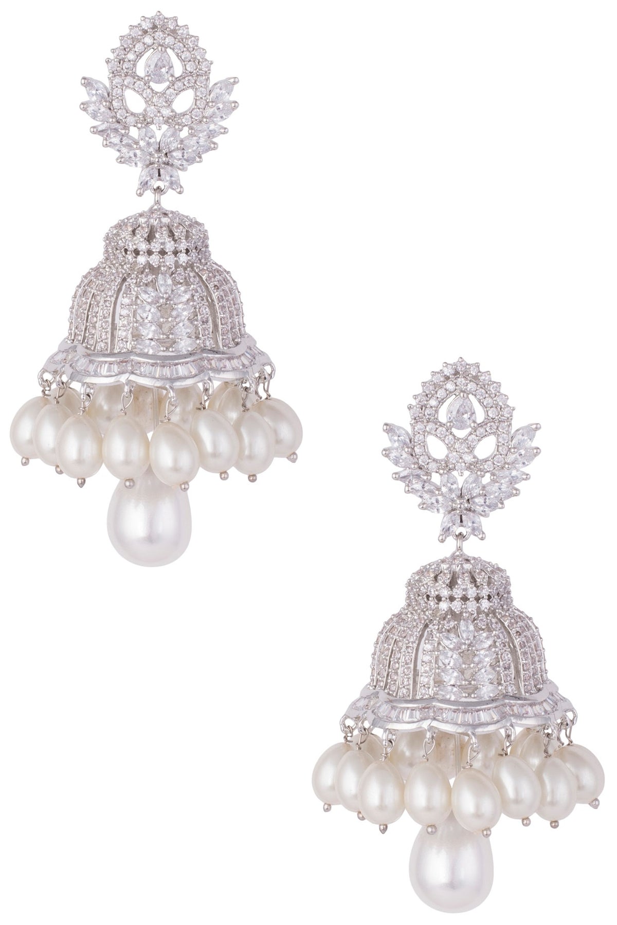 Silver plated faux diamond and pearl jhumki earrings