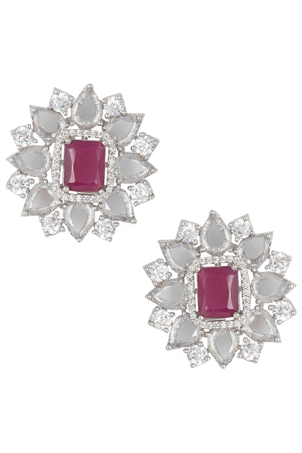 Silver Plated Rose Cut Diamond and Ruby Stud Earrings