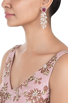 Rose Gold Plated Faux Single Ruby and Diamond Dangler Earrings