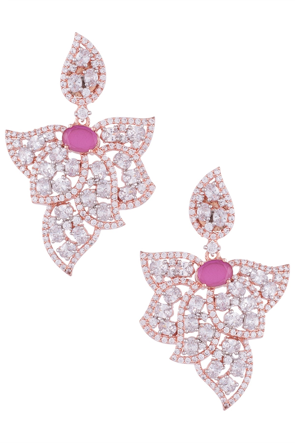 Rose Gold Plated Faux Diamond and Ruby Leaf Earrings